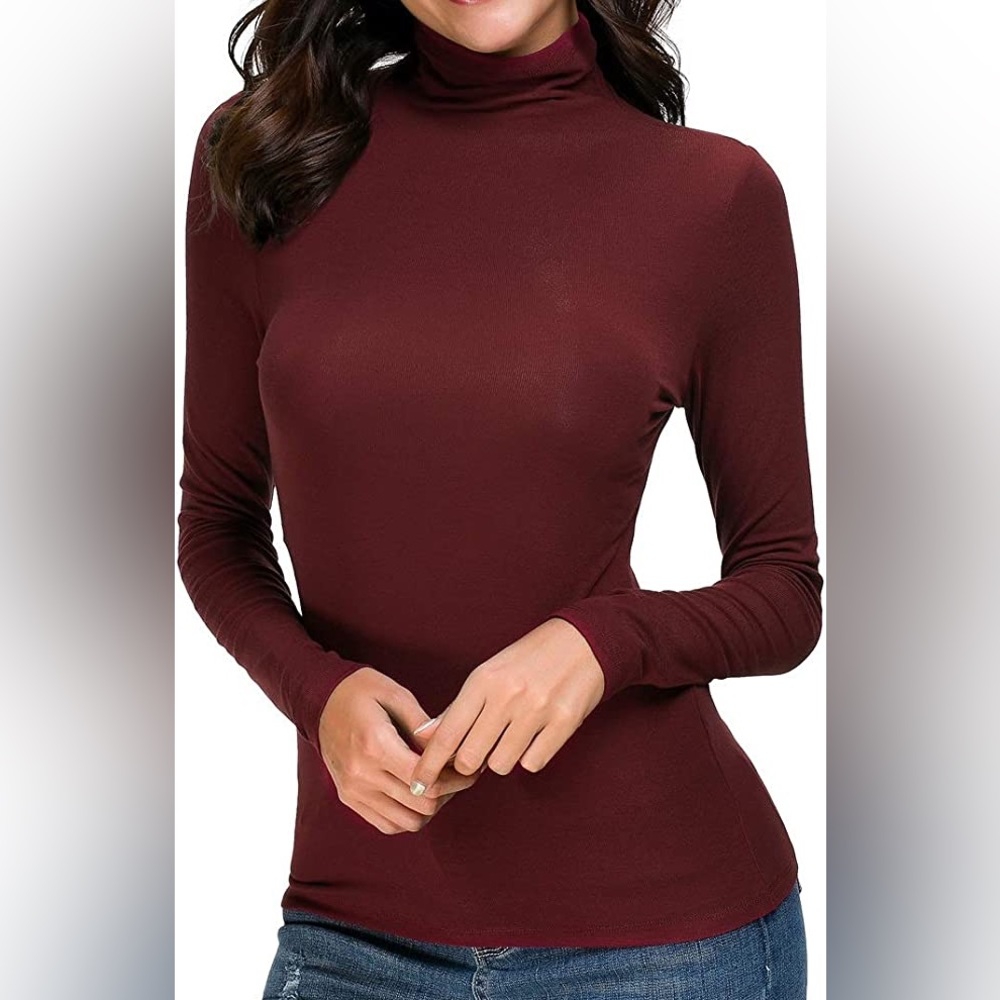 Women's Long Sleeve Mock Turtleneck Stretch Fitted - Burgundy - Small